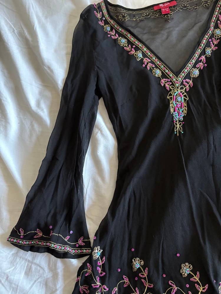 Vintage Y2K Monsoon silk black embroidered bell sleeve fairy top