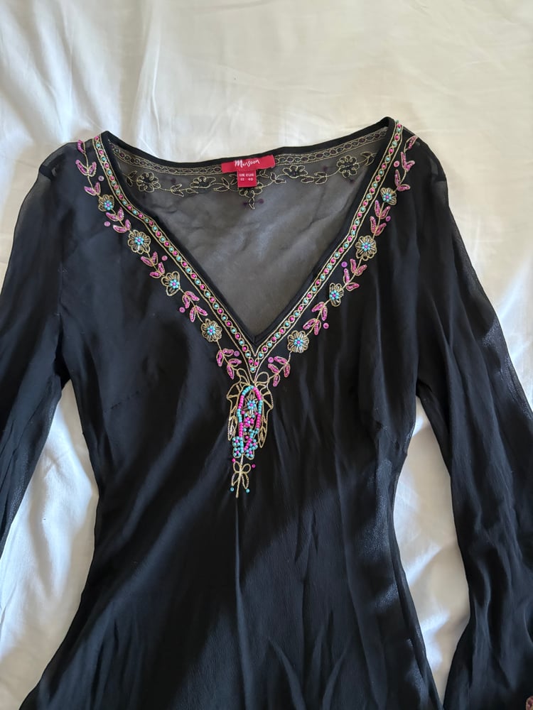 Vintage Y2K Monsoon silk black embroidered bell sleeve fairy top