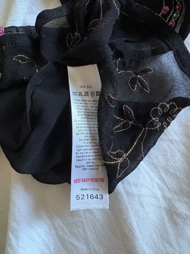 Vintage Y2K Monsoon silk black embroidered bell sleeve fairy top