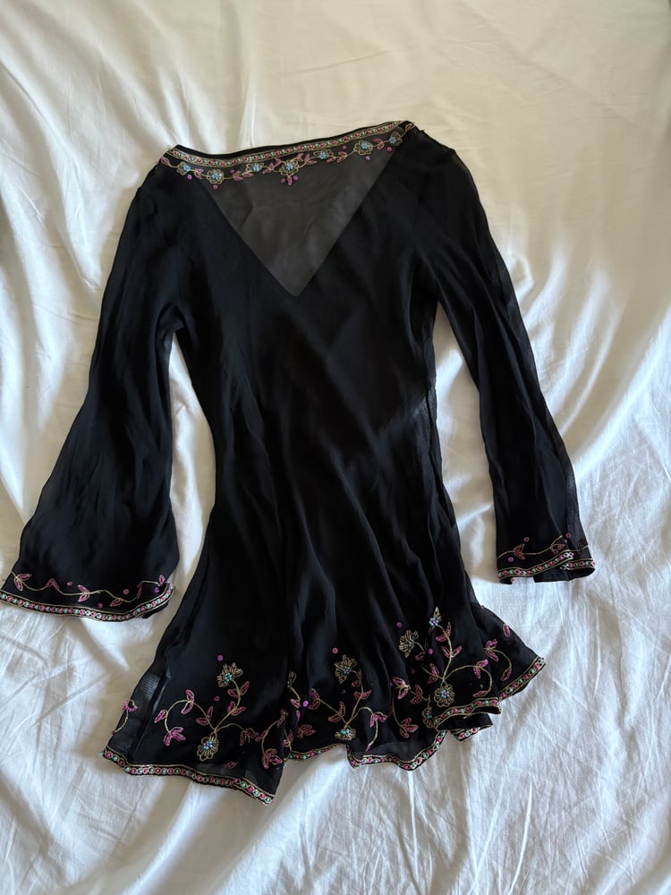 Vintage Y2K Monsoon silk black embroidered bell sleeve fairy top