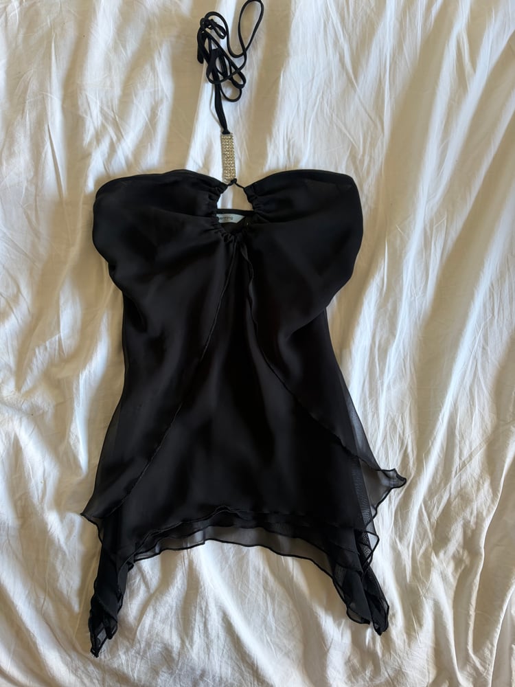 Vintage Y2K black gothic whimsy asymmetrical hem diamonte halterneck cami