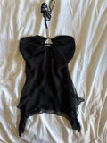 Vintage Y2K black gothic whimsy asymmetrical hem diamonte halterneck cami