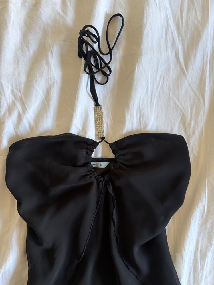 Vintage Y2K black gothic whimsy asymmetrical hem diamonte halterneck cami