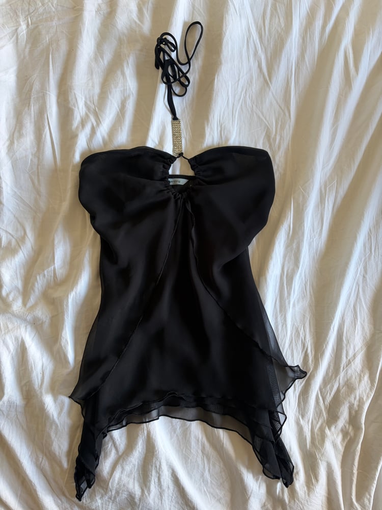 Vintage Y2K black gothic whimsy asymmetrical hem diamonte halterneck cami
