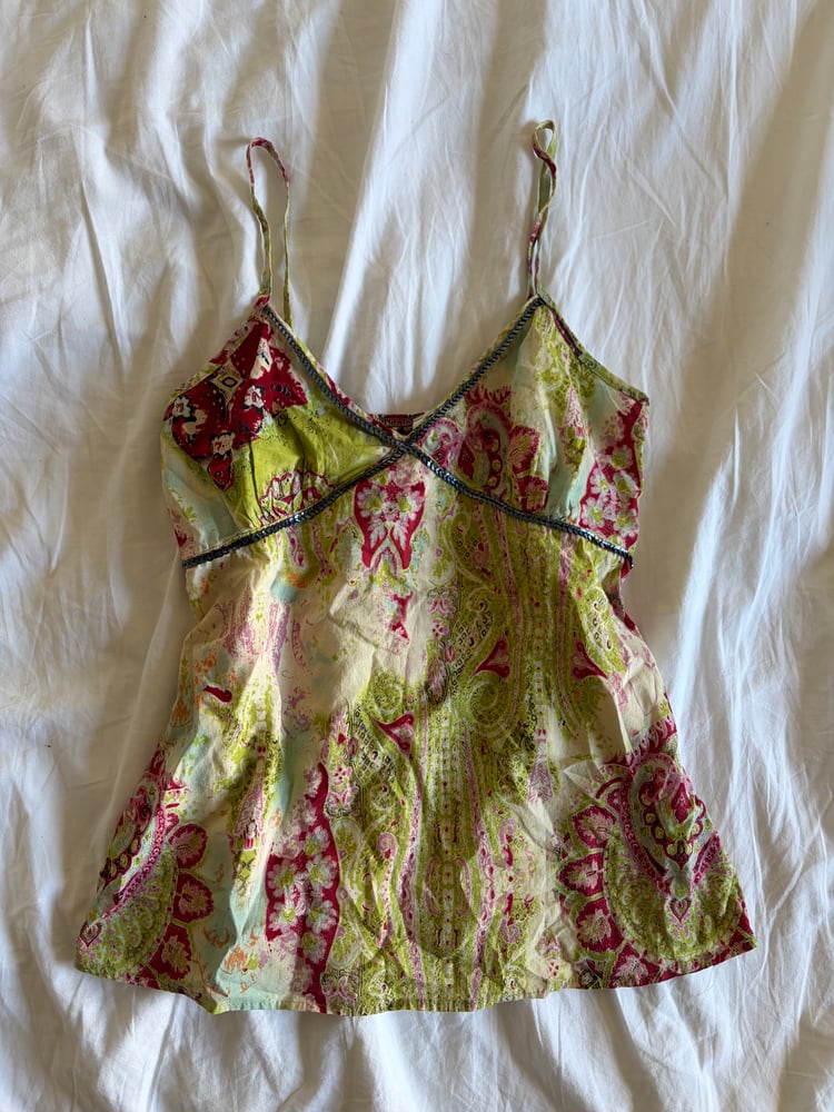 Vintage Y2K green floral cami with sequin bust detail