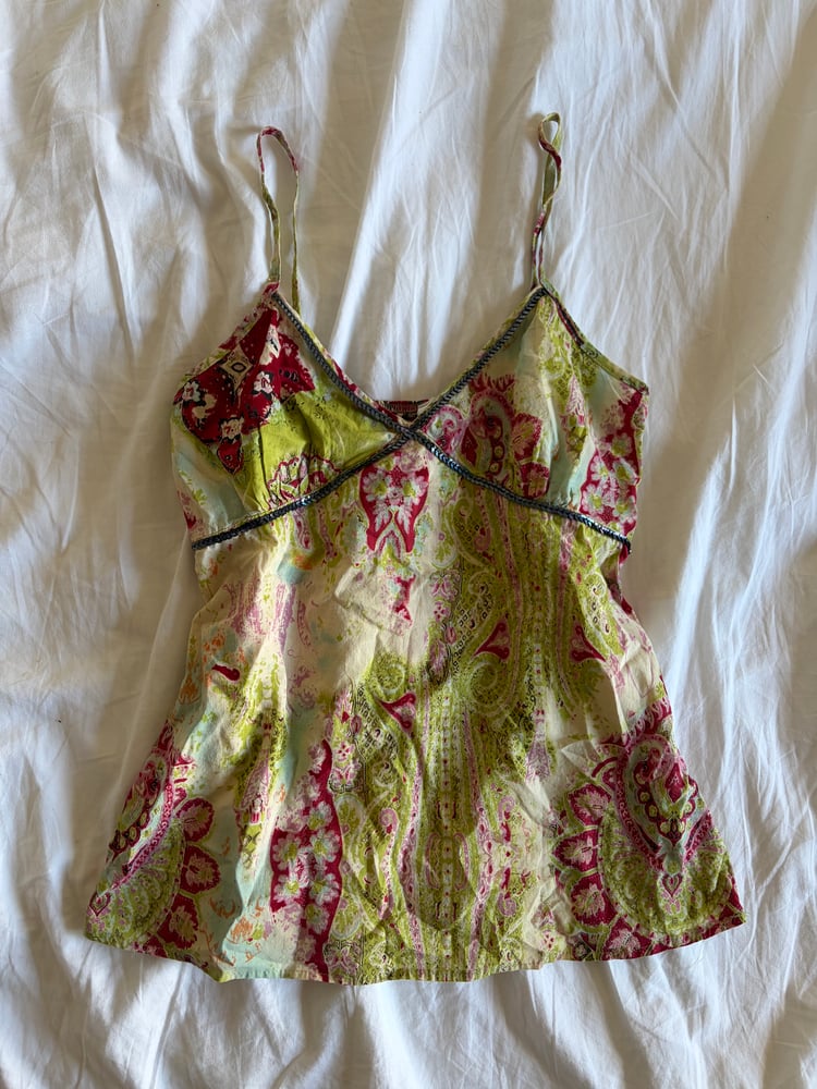Vintage Y2K green floral cami with sequin bust detail