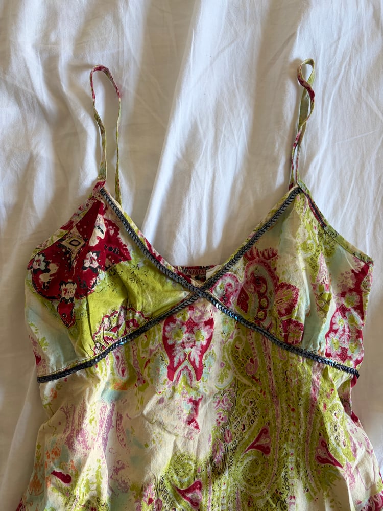 Vintage Y2K green floral cami with sequin bust detail