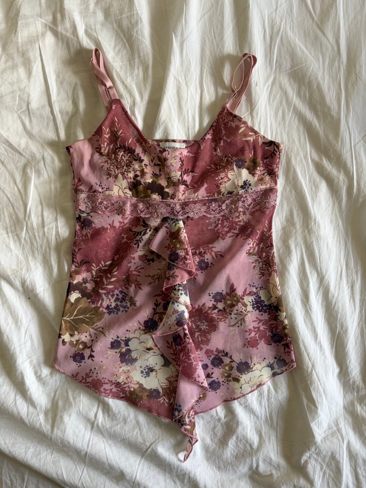 Vintage Y2K pink sequin asymmetrical hem ruffle cami