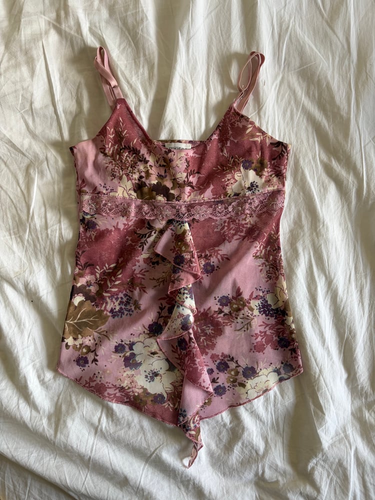 Vintage Y2K pink sequin asymmetrical hem ruffle cami
