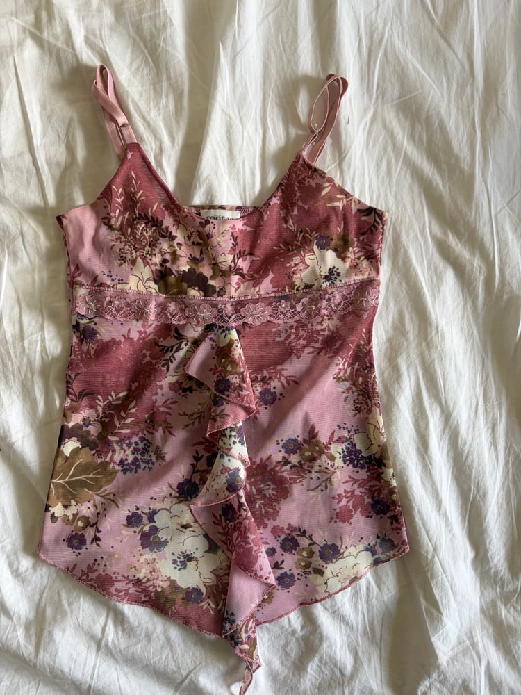 Vintage Y2K pink sequin asymmetrical hem ruffle cami