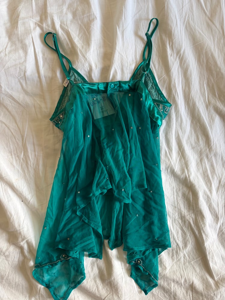 Vintage Y2K rare asymmetrical hem teal sequin and beaded cami