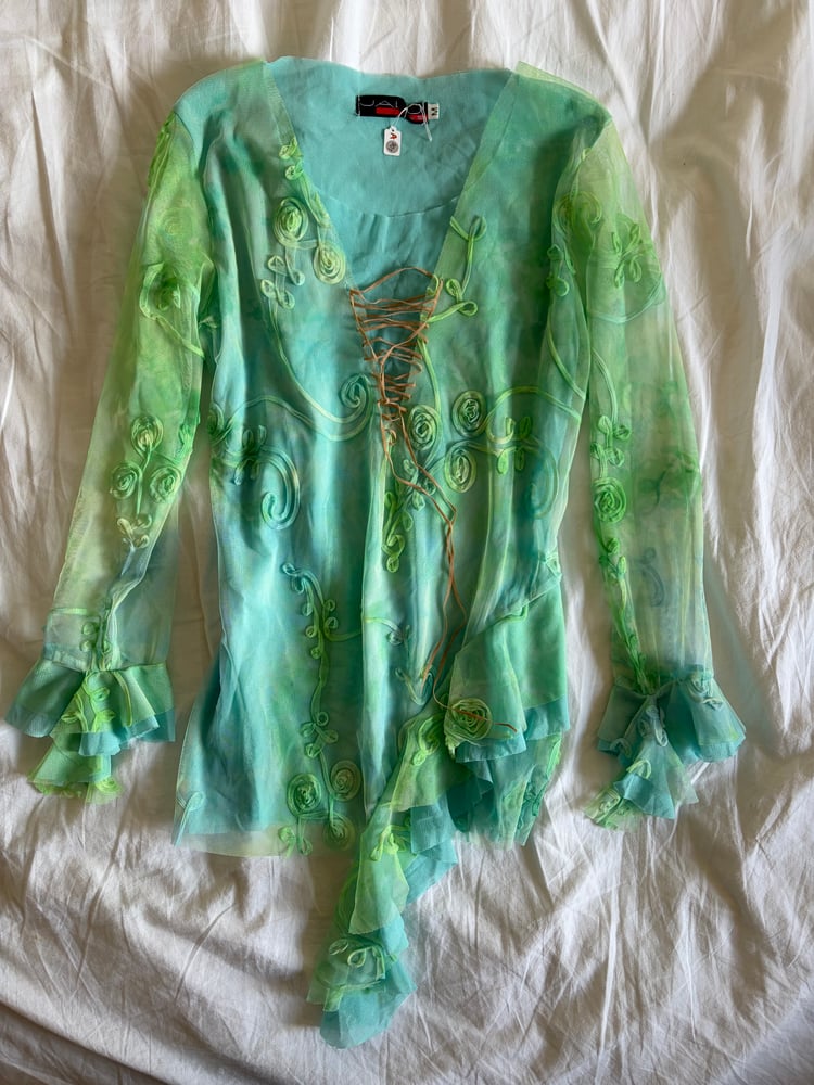 Vintage Y2K rare mermaid asymmetrical hem long sleeve fairy top with lace up bust detail