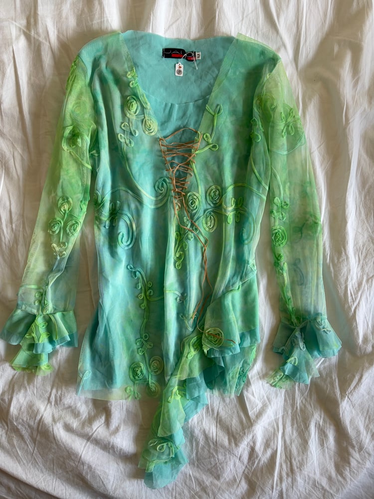 Vintage Y2K rare mermaid asymmetrical hem long sleeve fairy top with lace up bust detail