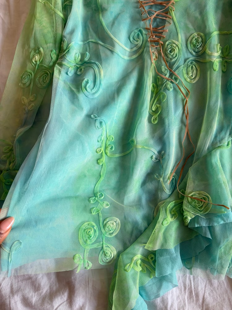 Vintage Y2K rare mermaid asymmetrical hem long sleeve fairy top with lace up bust detail