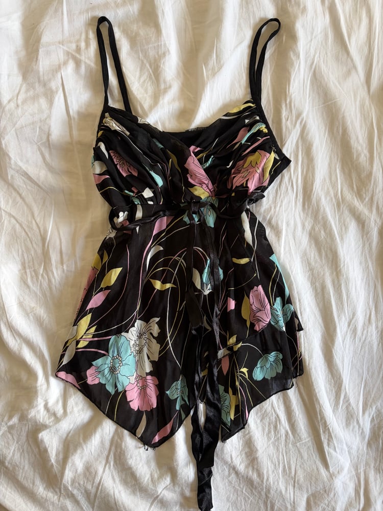 Vintage Y2K black asymmetrical hem cami with ribbon bust detail