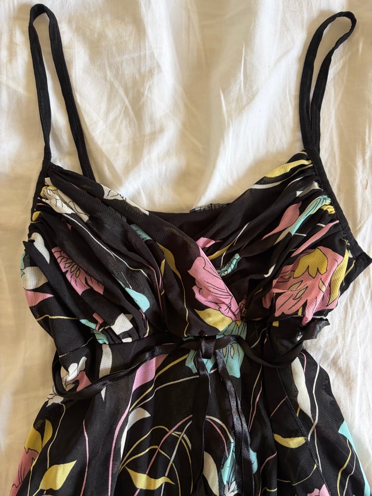 Vintage Y2K black asymmetrical hem cami with ribbon bust detail