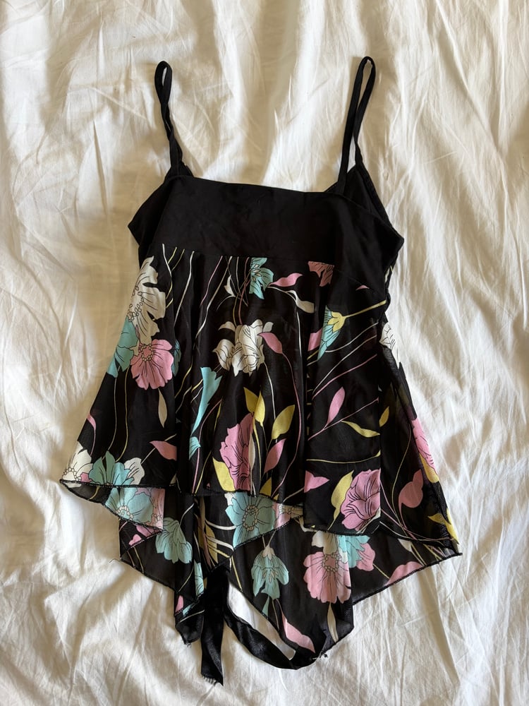 Vintage Y2K black asymmetrical hem cami with ribbon bust detail