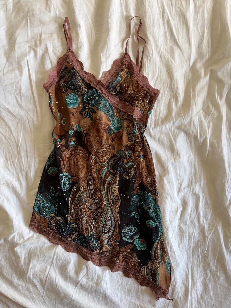 Vintage Y2K Italian asymmetrical hem brown fairy top with lace and sparkly detail