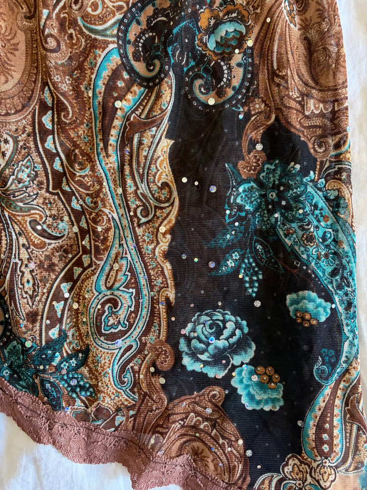 Vintage Y2K Italian asymmetrical hem brown fairy top with lace and sparkly detail