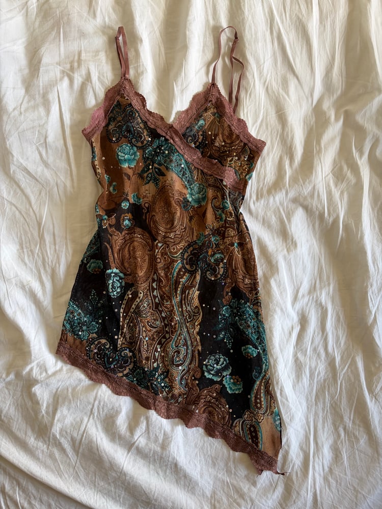 Vintage Y2K Italian asymmetrical hem brown fairy top with lace and sparkly detail