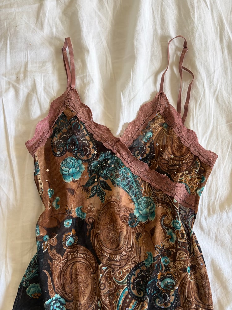 Vintage Y2K Italian asymmetrical hem brown fairy top with lace and sparkly detail