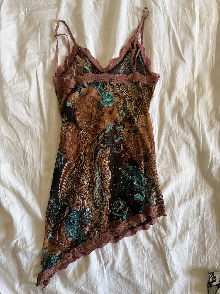 Vintage Y2K Italian asymmetrical hem brown fairy top with lace and sparkly detail