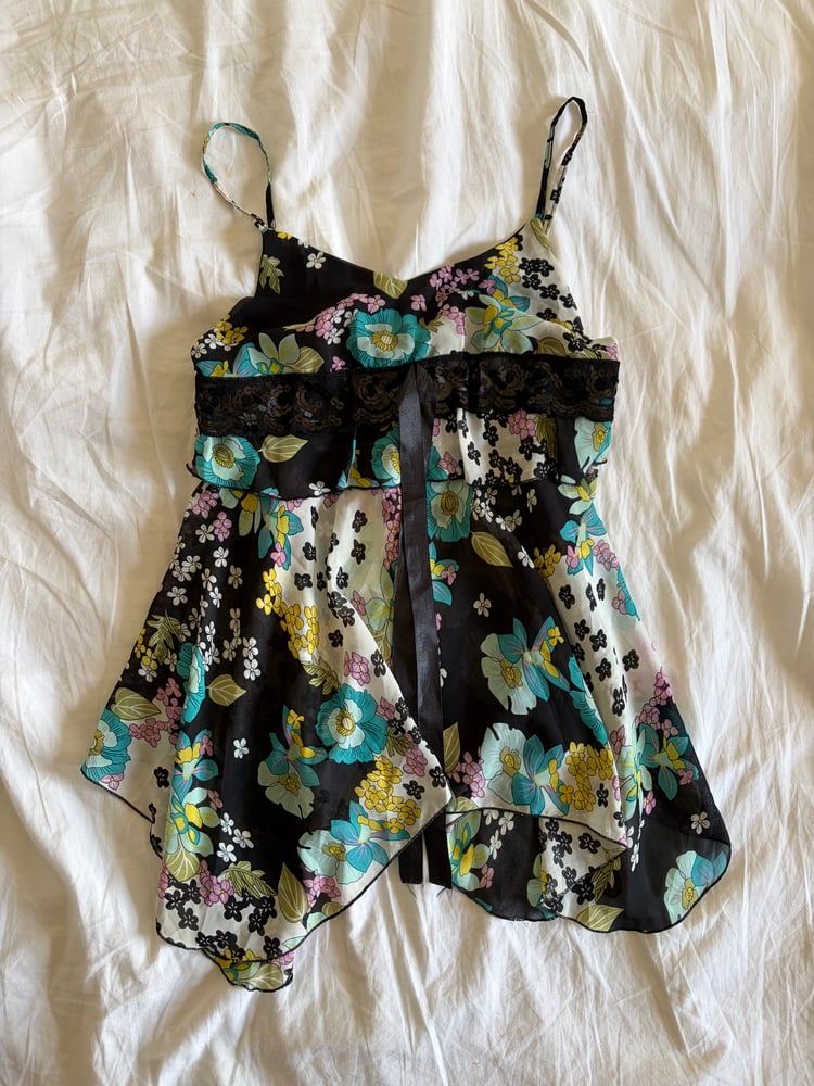 Vintage Y2K black floral handkerchief fairy hem cami with sequins