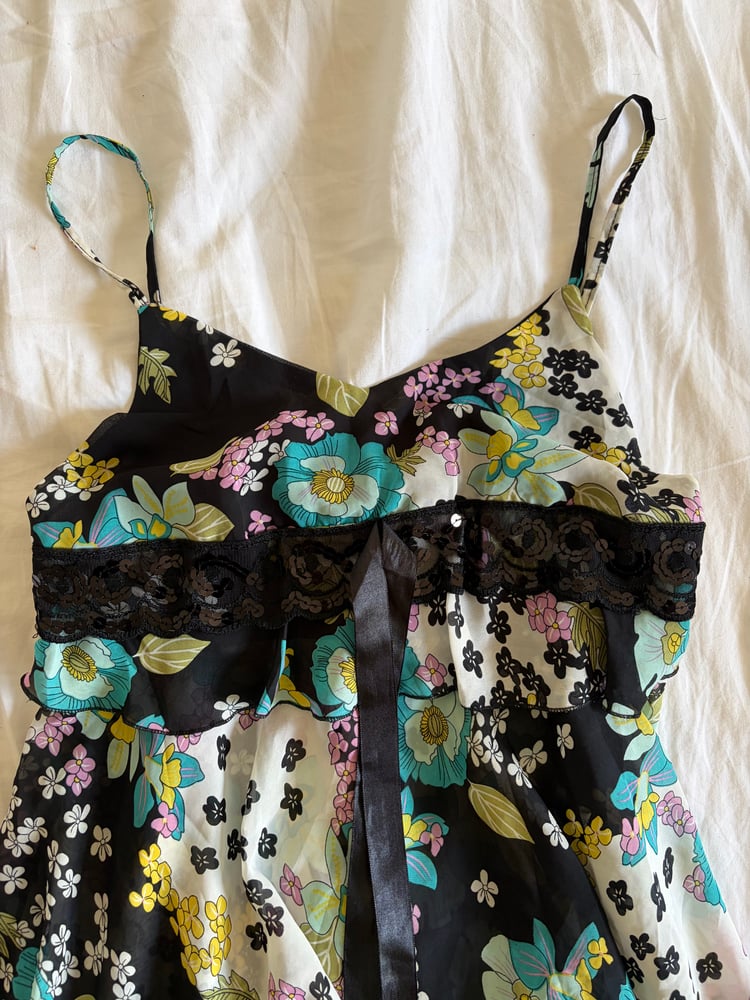 Vintage Y2K black floral handkerchief fairy hem cami with sequins