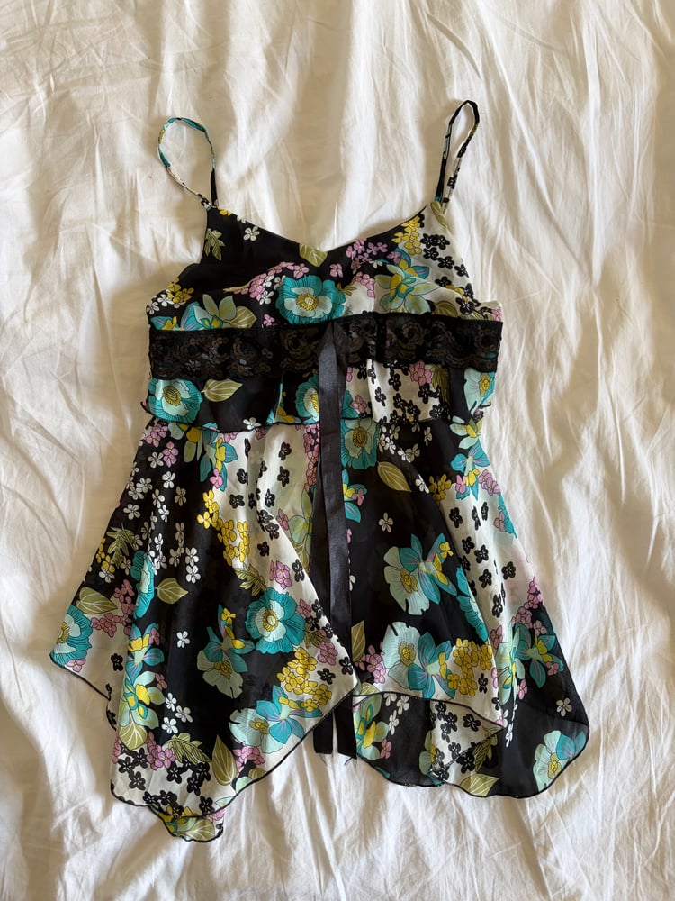 Vintage Y2K black floral handkerchief fairy hem cami with sequins