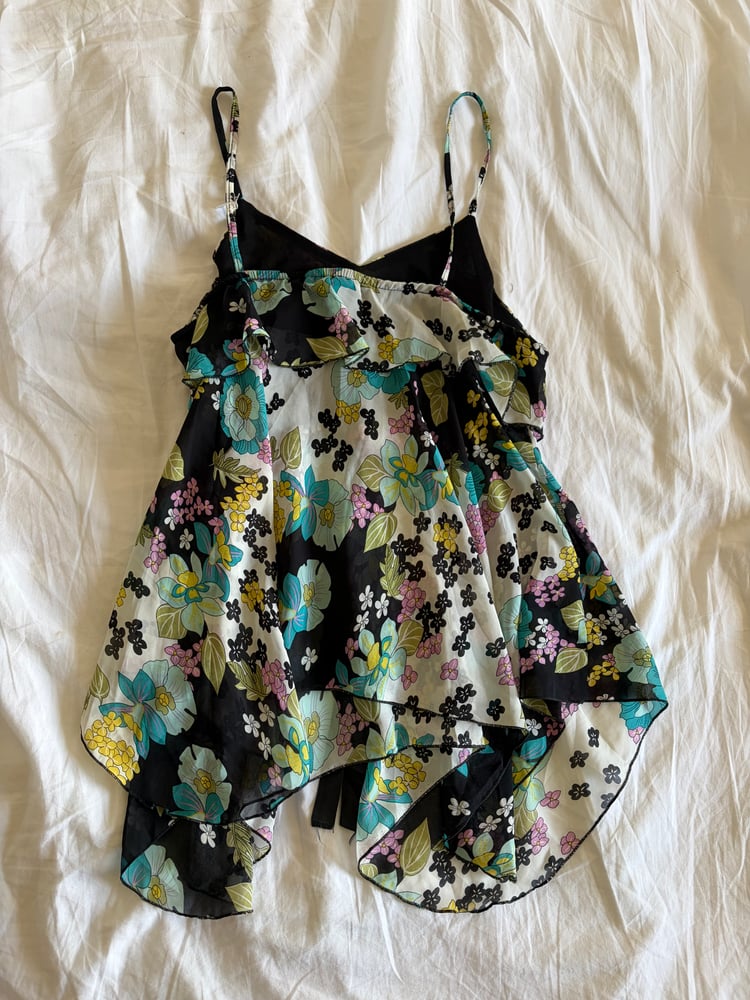 Vintage Y2K black floral handkerchief fairy hem cami with sequins