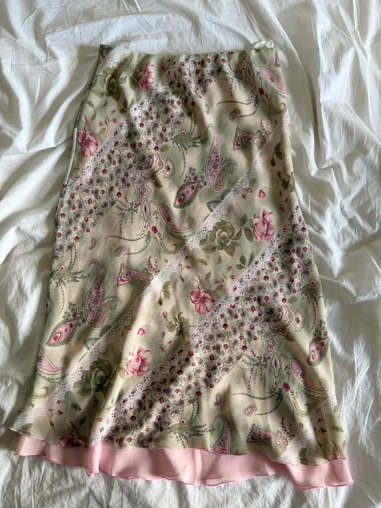 Vintage Y2K green floral and paisley pink double hem fairy midi skirt