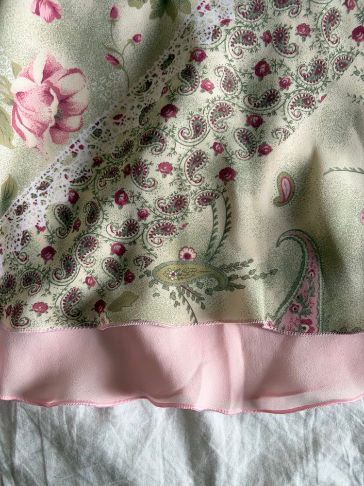 Vintage Y2K green floral and paisley pink double hem fairy midi skirt