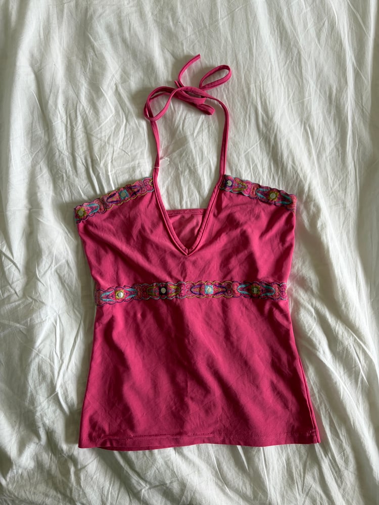 Vintage Y2K pink embellished halter neck cami