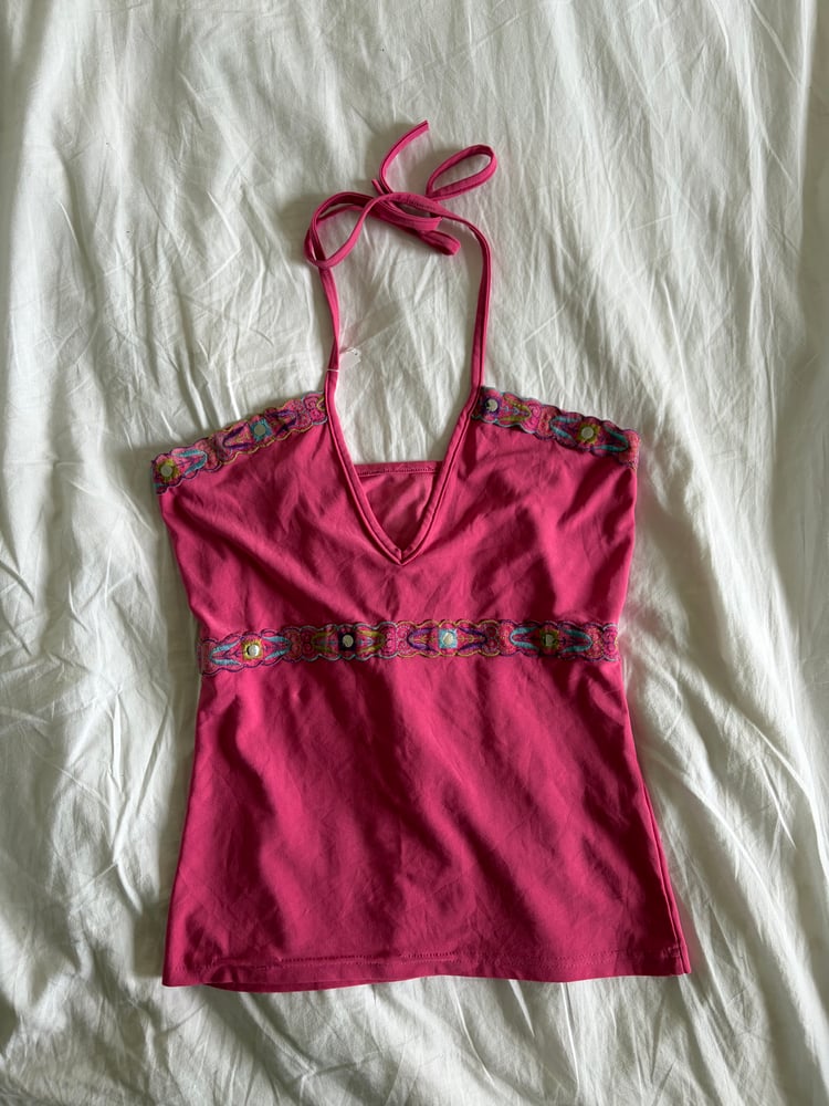 Vintage Y2K pink embellished halter neck cami