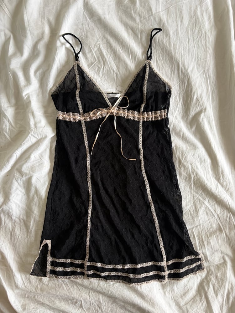 Vintage 1990s black sheer lace slip cami with ribbon detail
