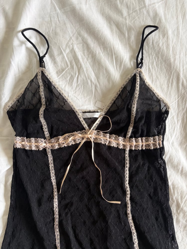 Vintage 1990s black sheer lace slip cami with ribbon detail