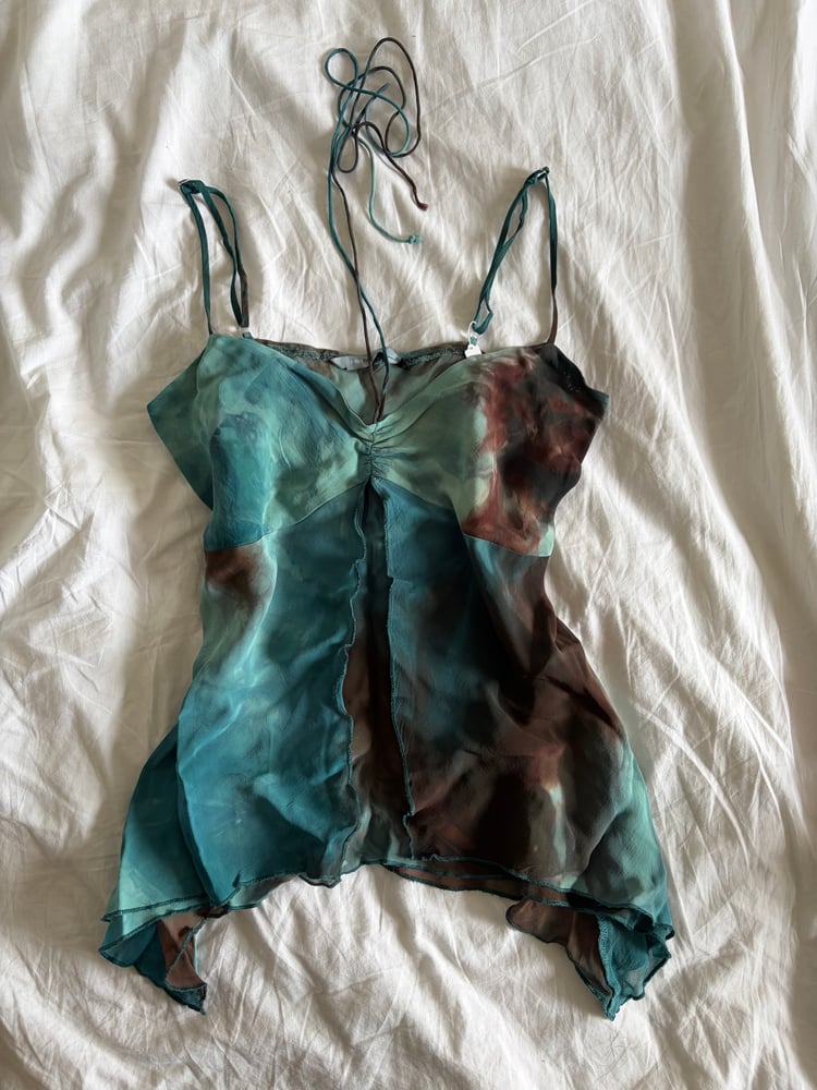 Vintage Y2K brown blue dreamy fairy cami with handkerchief hem and tie detail