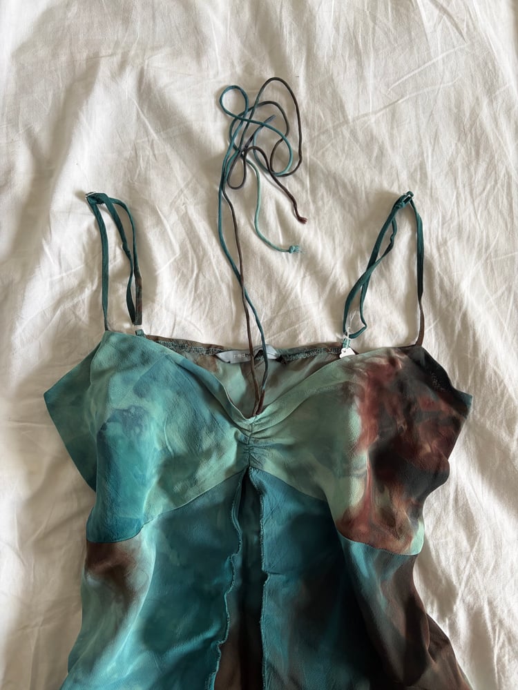 Vintage Y2K brown blue dreamy fairy cami with handkerchief hem and tie detail