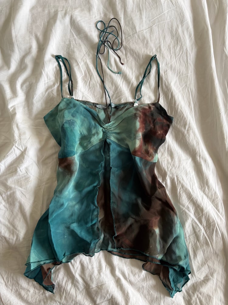 Vintage Y2K brown blue dreamy fairy cami with handkerchief hem and tie detail