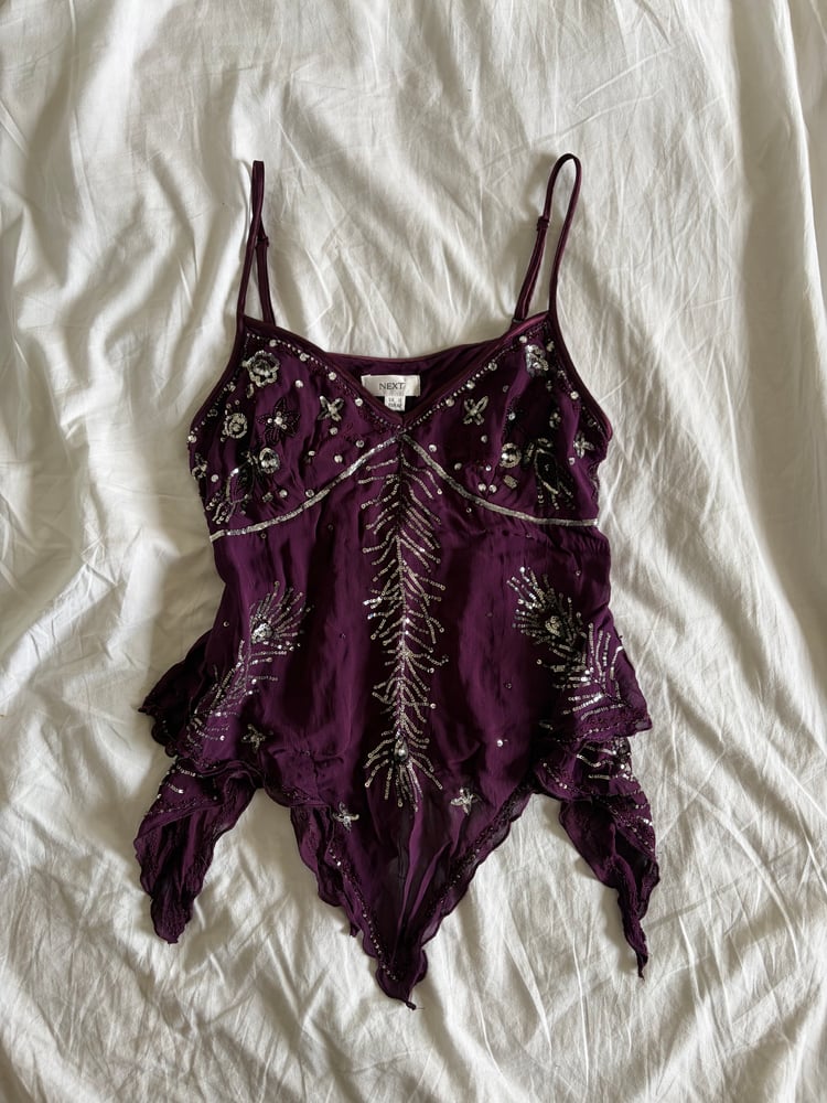 Vintage Y2K purple gothic whimsy sequin handkerchief hem cami