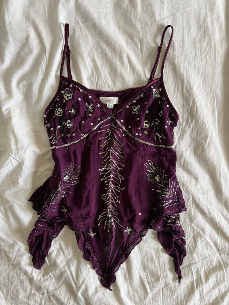 Vintage Y2K purple gothic whimsy sequin handkerchief hem cami