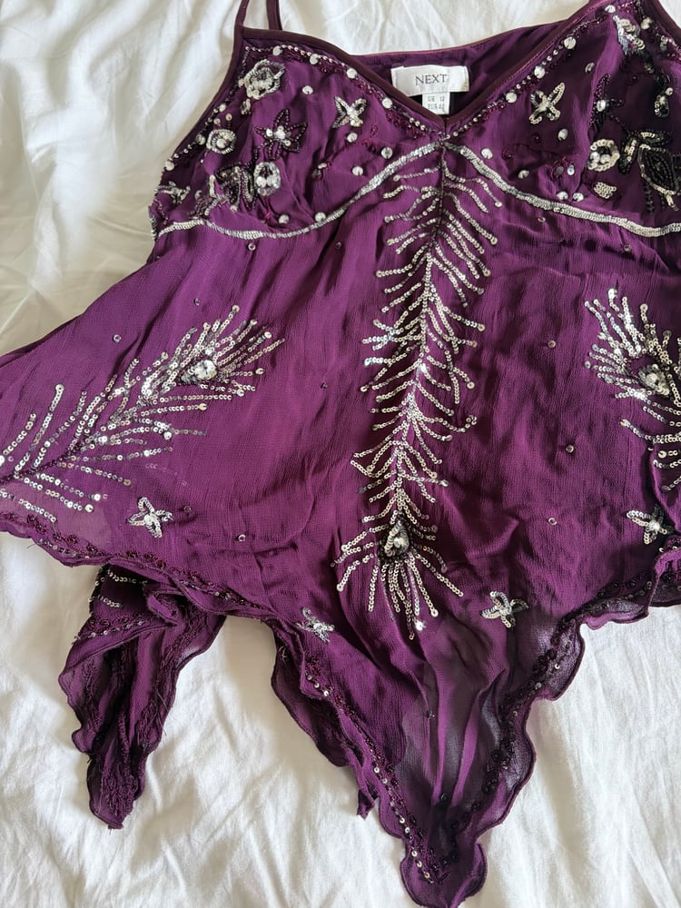Vintage Y2K purple gothic whimsy sequin handkerchief hem cami