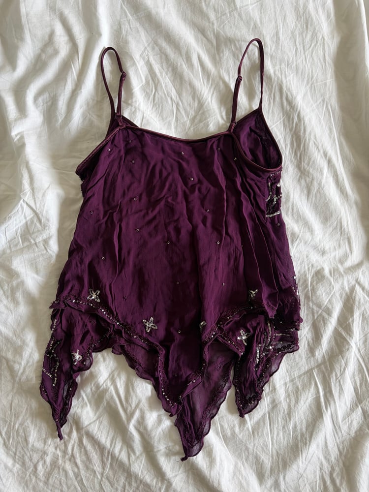 Vintage Y2K purple gothic whimsy sequin handkerchief hem cami