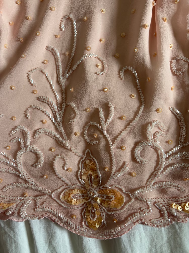 Vintage Y2K silk baby pink sequin and beaded top