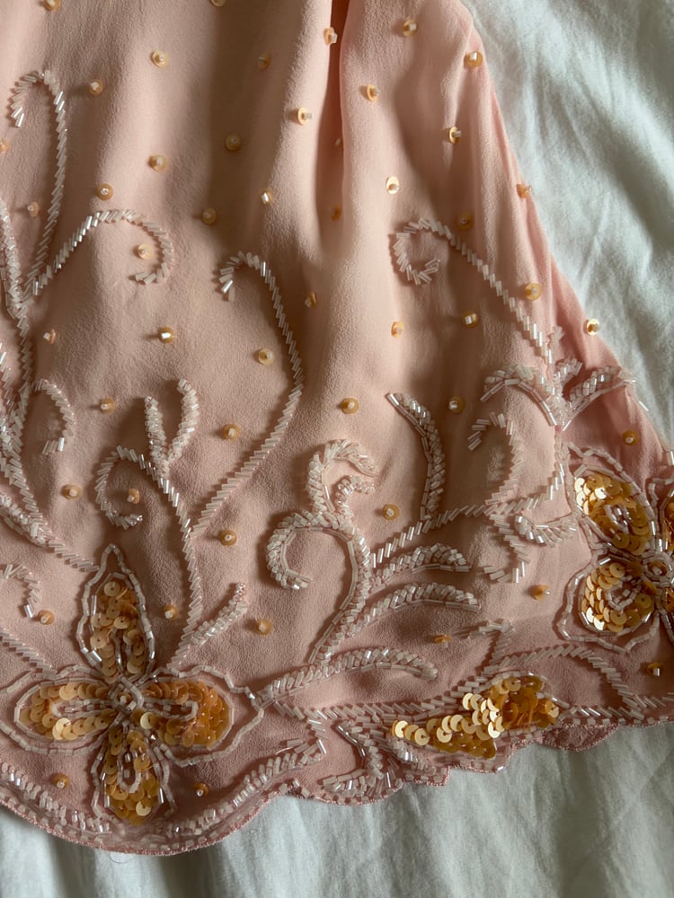 Vintage Y2K silk baby pink sequin and beaded top