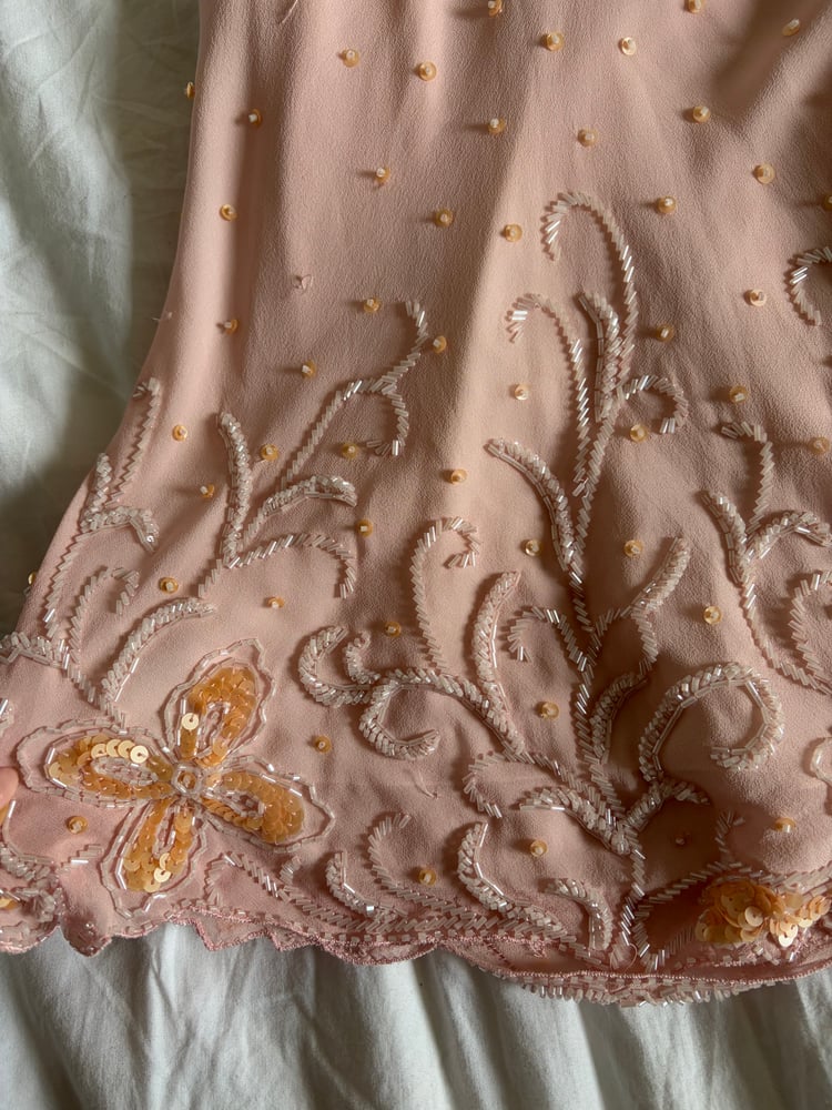 Vintage Y2K silk baby pink sequin and beaded top