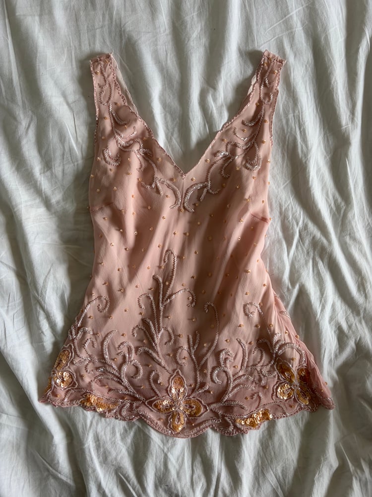 Vintage Y2K silk baby pink sequin and beaded top