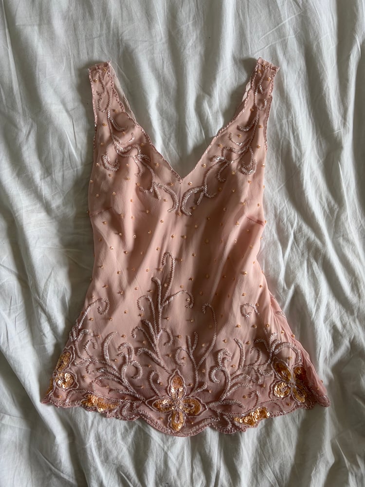 Vintage Y2K silk baby pink sequin and beaded top
