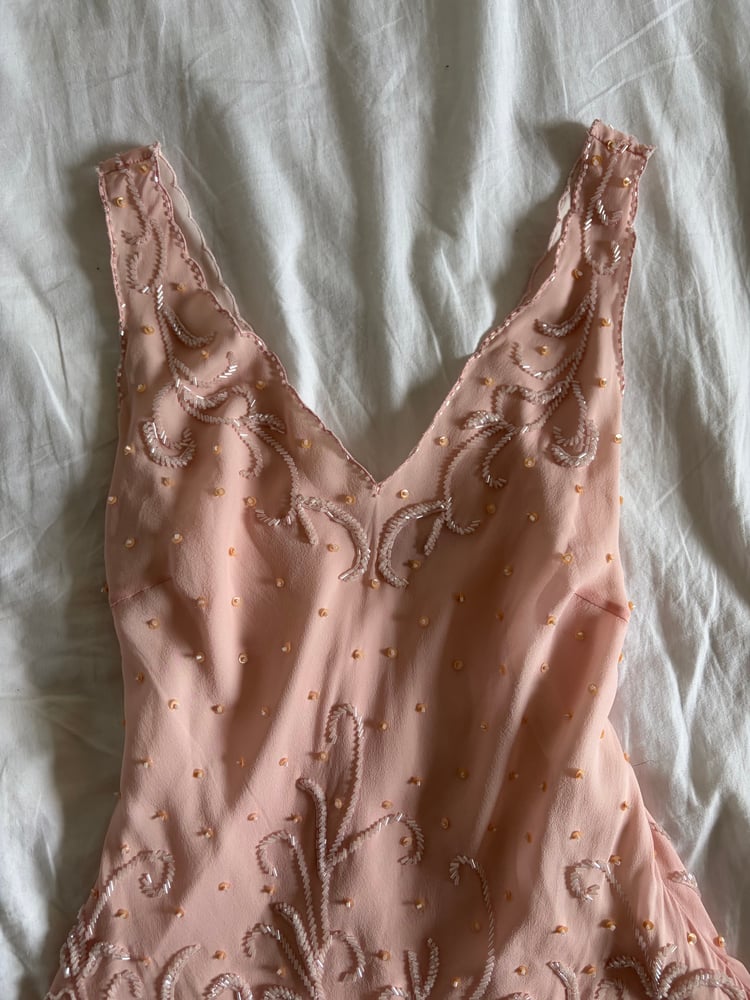 Vintage Y2K silk baby pink sequin and beaded top