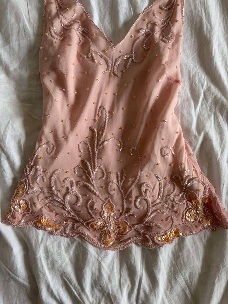 Vintage Y2K silk baby pink sequin and beaded top